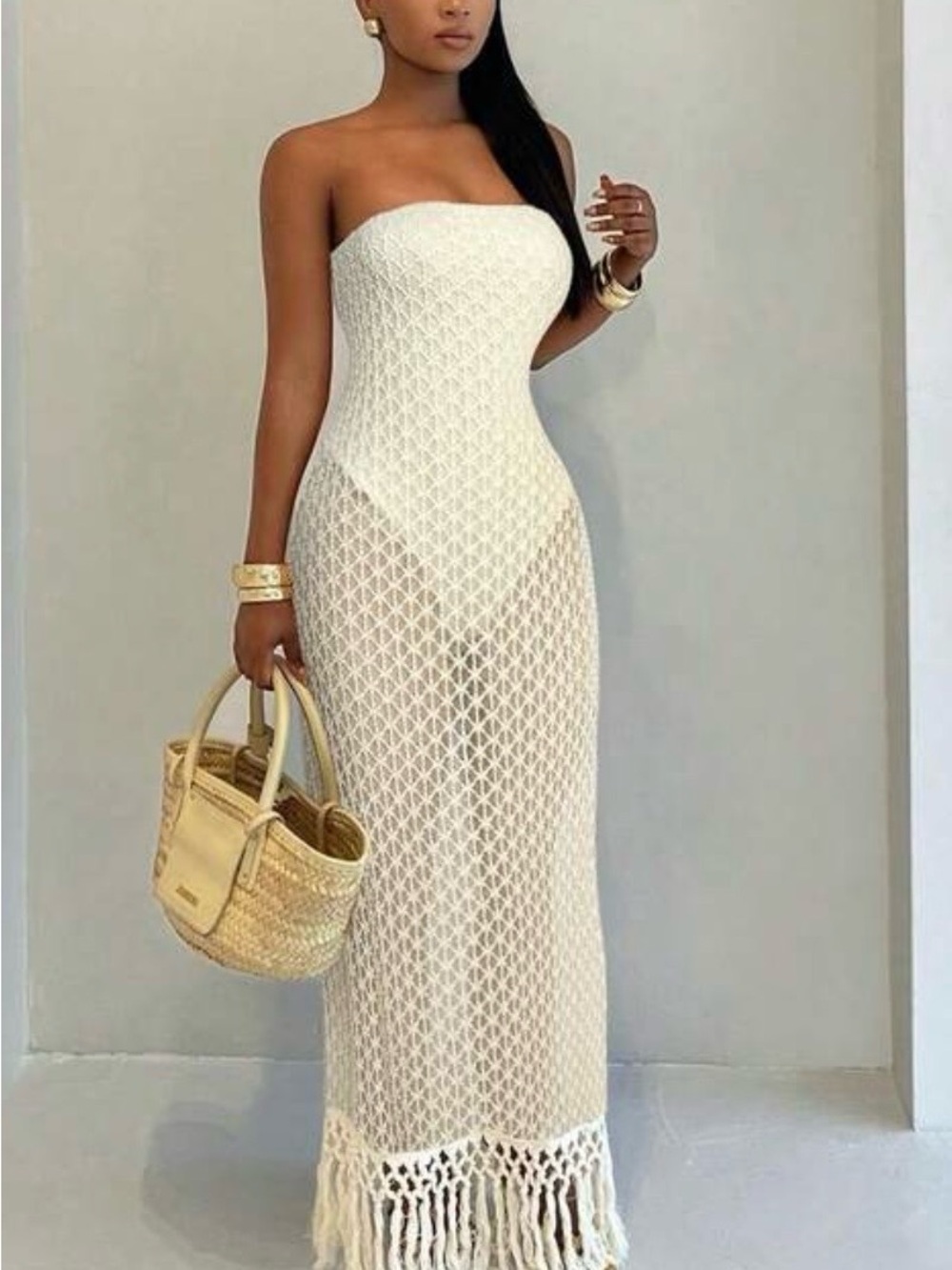 Strapless Crochet Maxi Dress in Cream